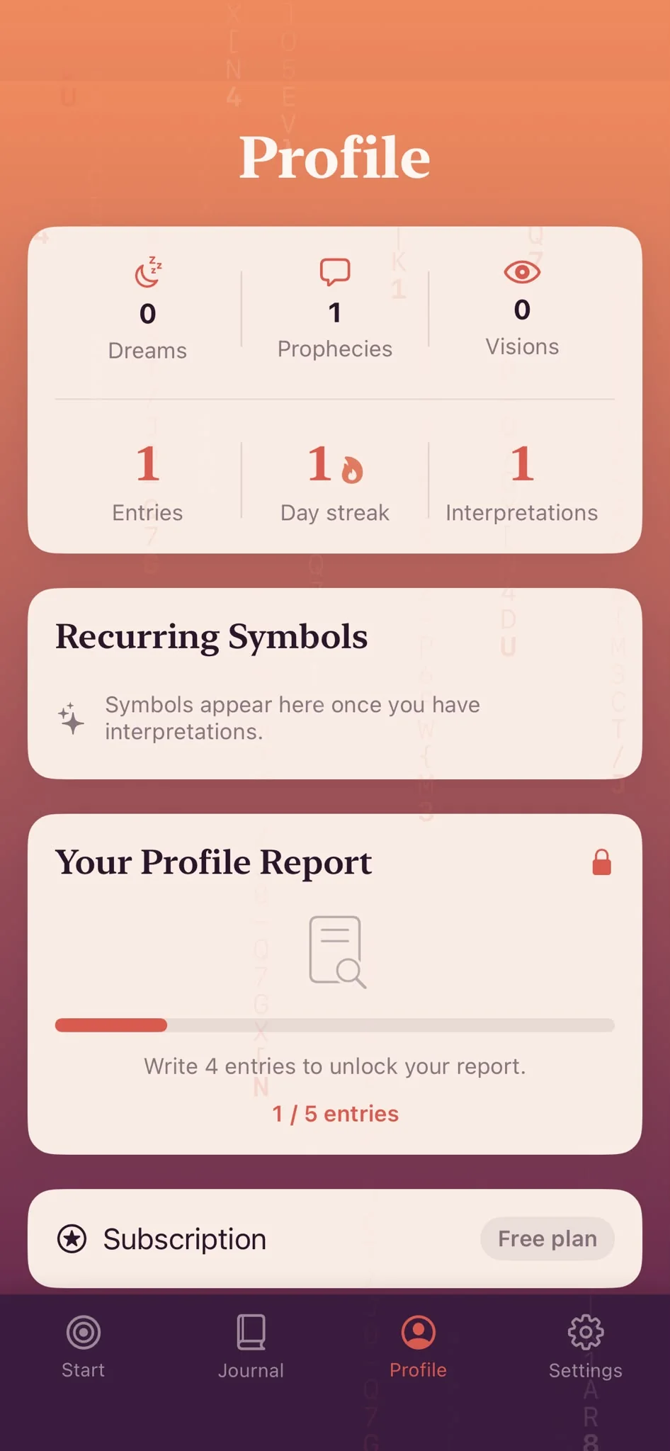 The Profile screen. It counts dreams, prophecies and visions, shows a day streak, has a place for recurring symbols, and shows a profile report that unlocks after five entries.